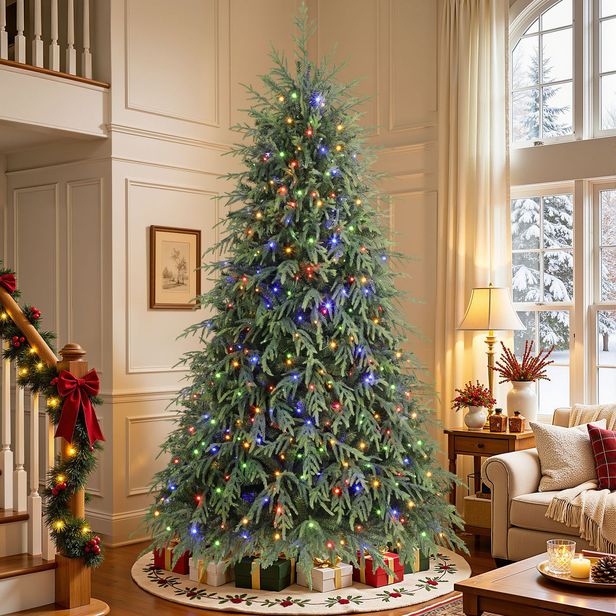 7.5ft Norfolk Pine Christmas Trees with 17 Modes Multi-Color Lights