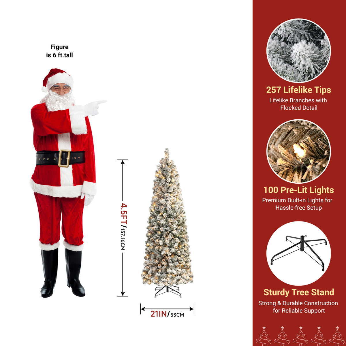 Flocked spruce artificial Christmas tree by Shareconn, 4.5 ft tall with warm white lights, realistic pencil-shaped holiday tree.