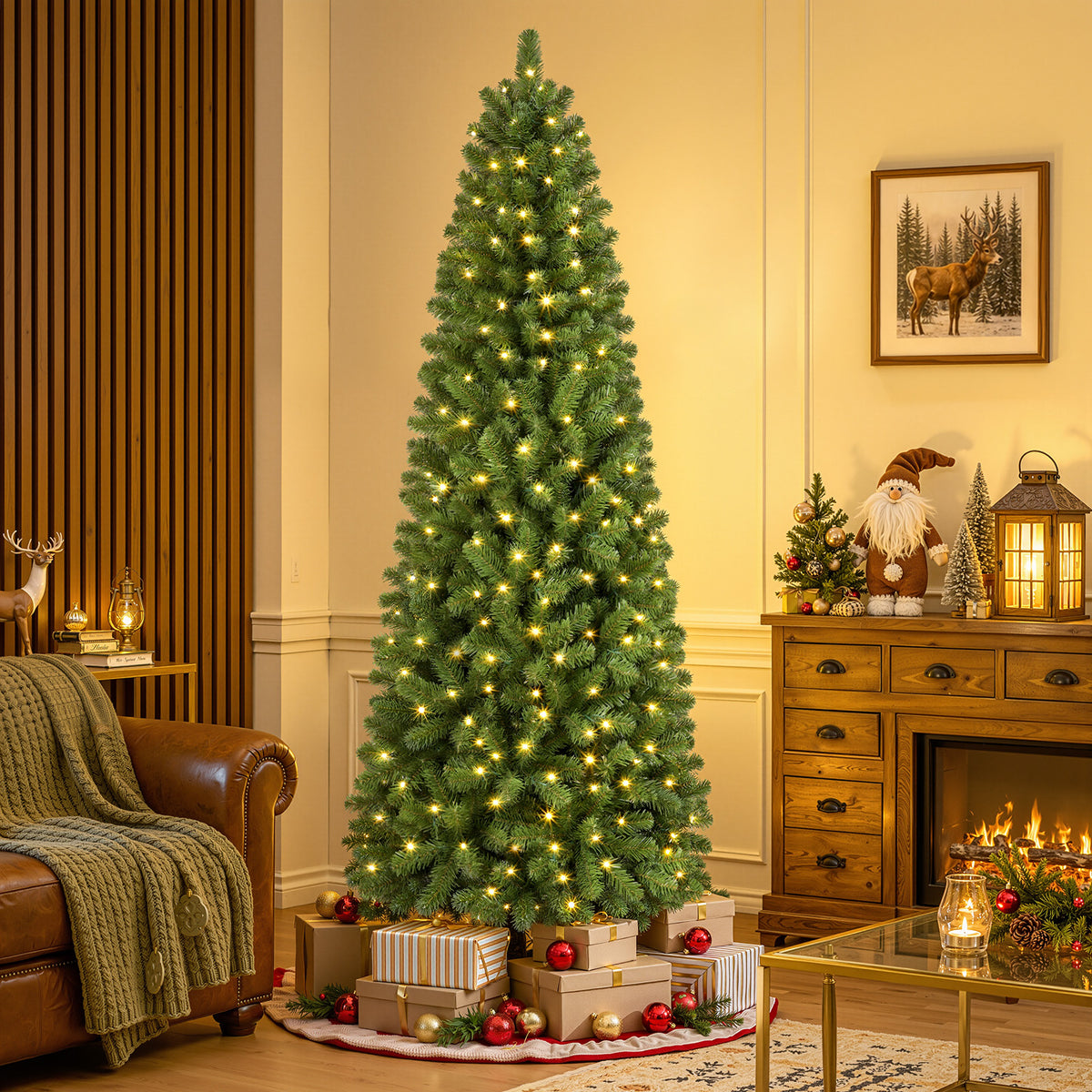 Warm White Lights Classic Spruce Artificial Slim Pencil Christmas Trees