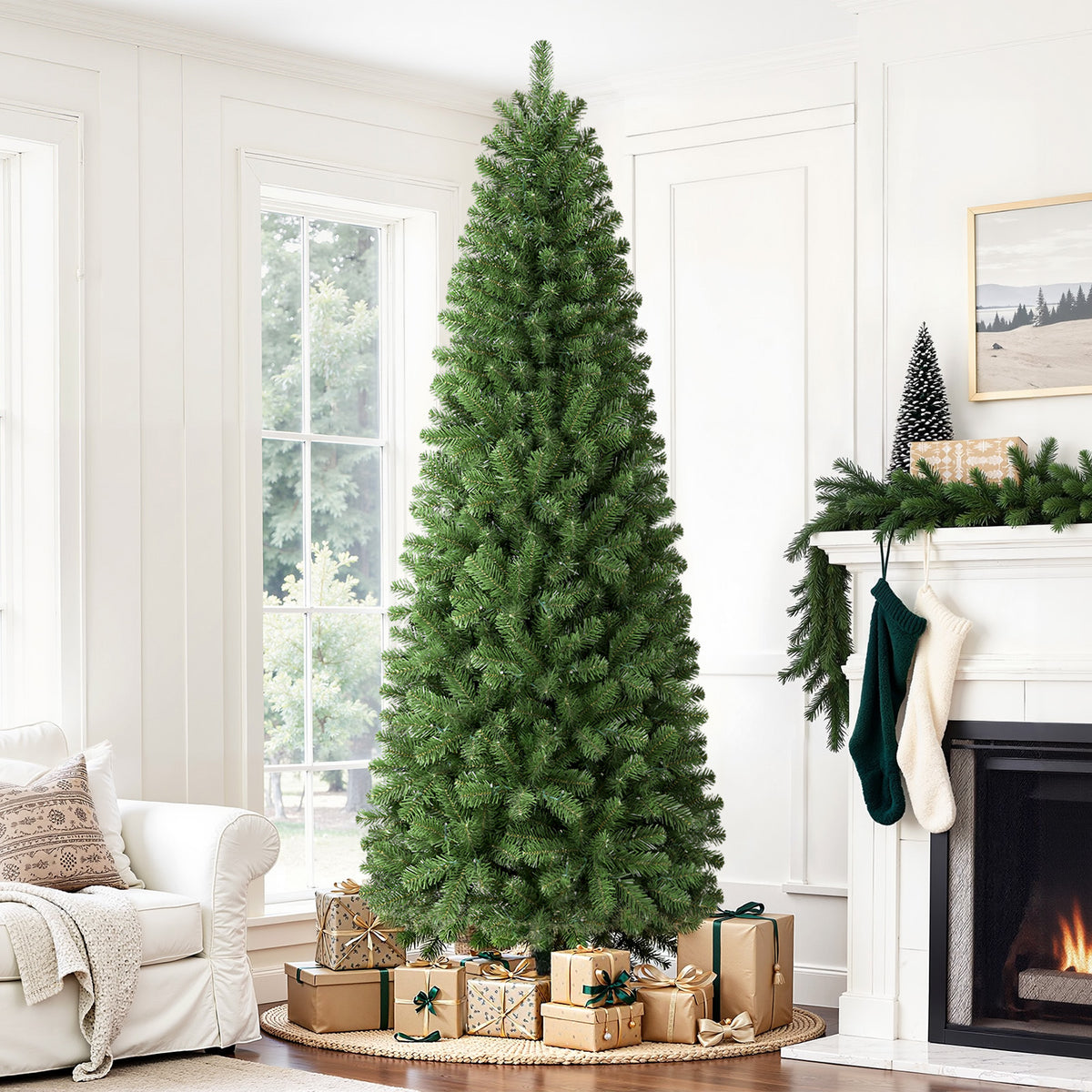 7.5ft Warm White Light Artificial Hinged Slim Pencil Prelit Christmas Tree