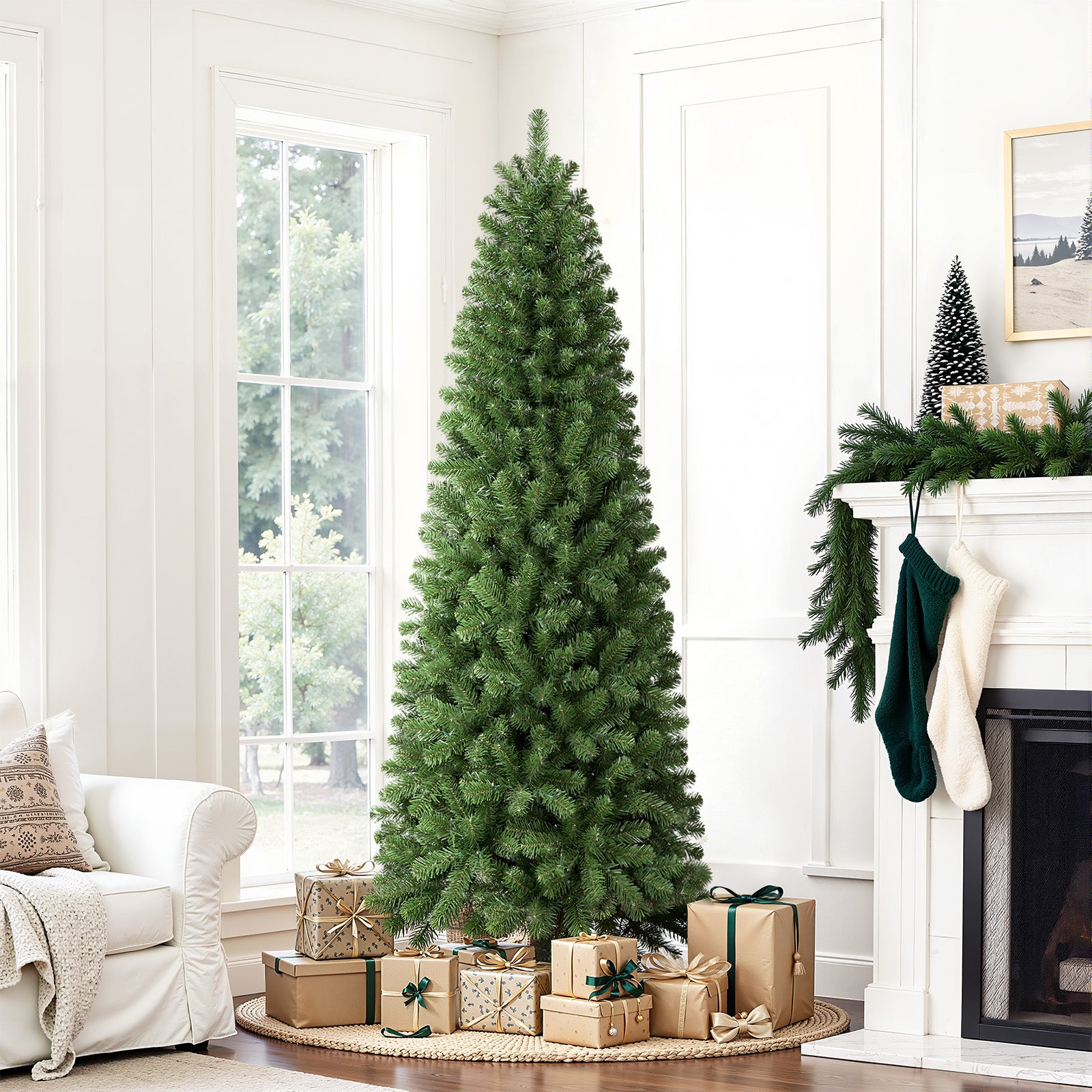 6ft Warm White Light Artificial Hinged Slim Pencil Prelit Christmas Tree