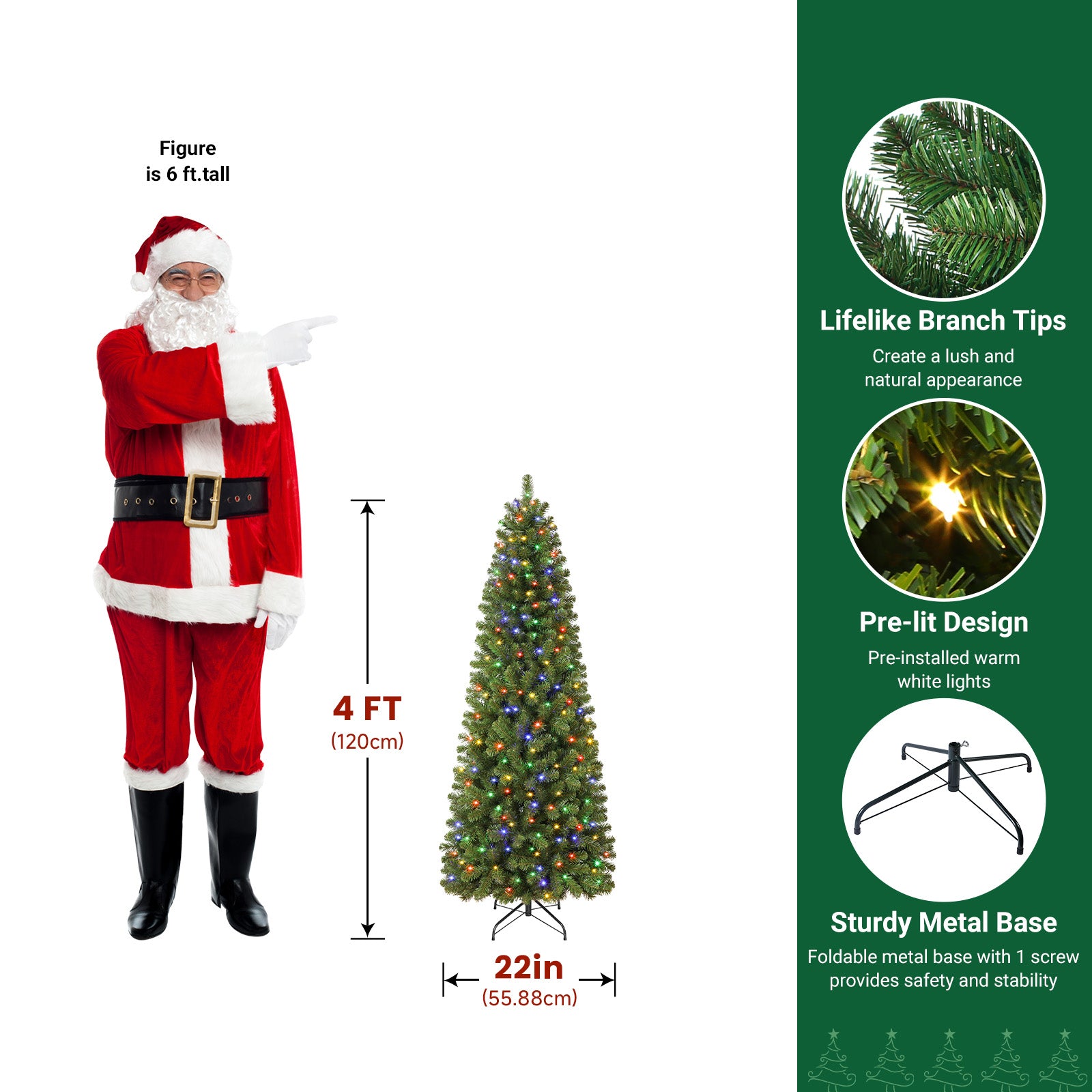 Pencil Spruce Artificial Christmas Tree with Multi-Color LED Lights and Remote