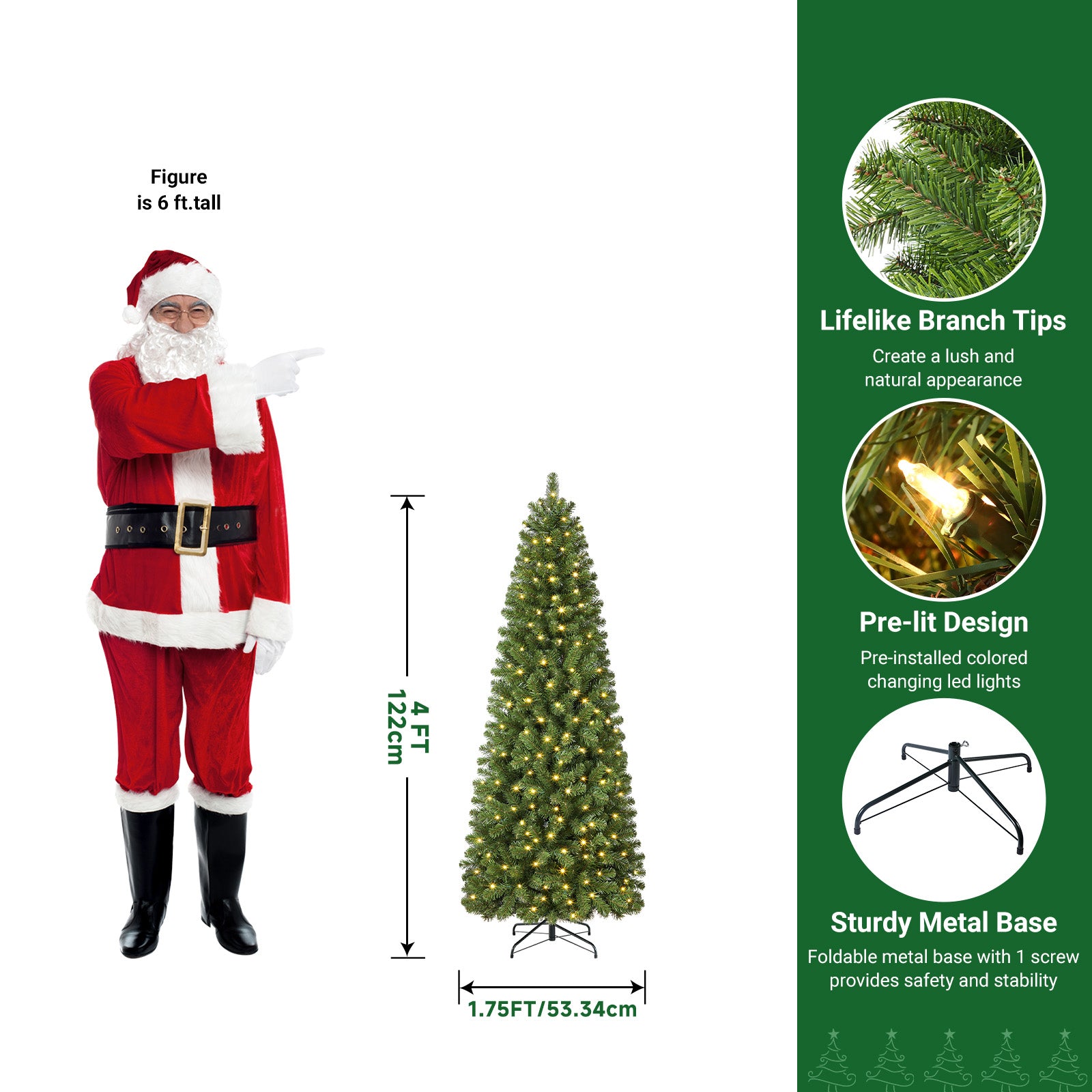 Warm White Lights Classic Spruce Artificial Slim Pencil Christmas Trees