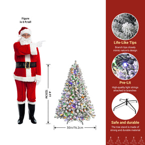 White flocked artificial Christmas tree with multi-color lights, 4ft tall, decorated with realistic pine branches and colorful illumination.