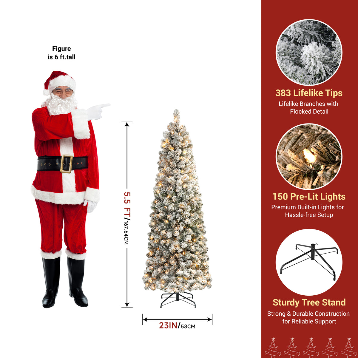 Flocked spruce artificial Christmas tree by SHareconn, 5.5 feet tall with warm white lights, available in 7 sizes.