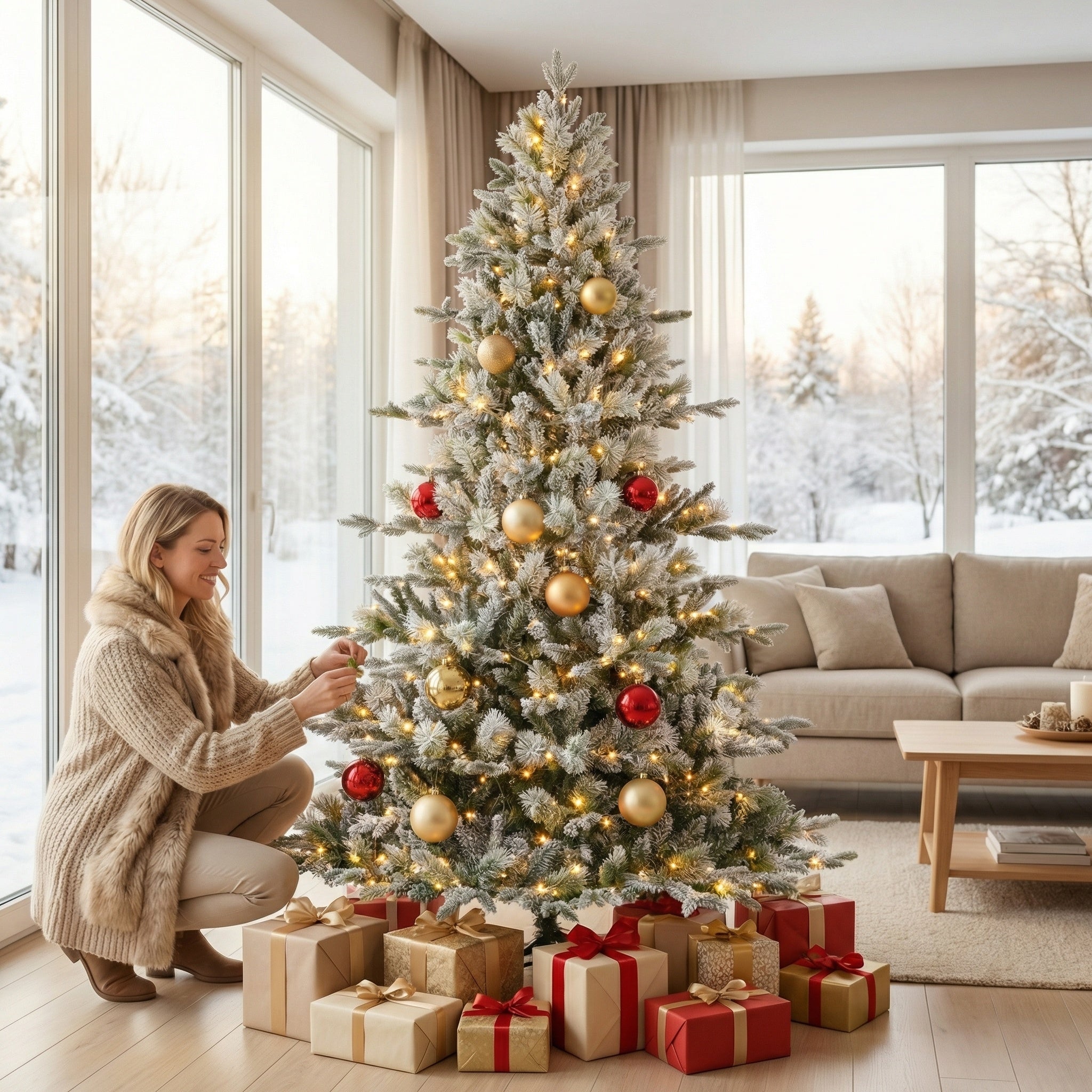 SHareconn 7.5ft artificial Christmas tree with flocked branches, 3338 tips, and pre-lit clear twinkle lights for festive decor