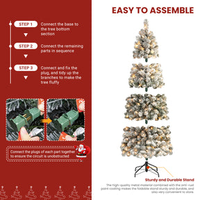 SHareconn flocked spruce artificial Christmas tree with warm white lights, showing the textured, pencil-shaped design in natural green.