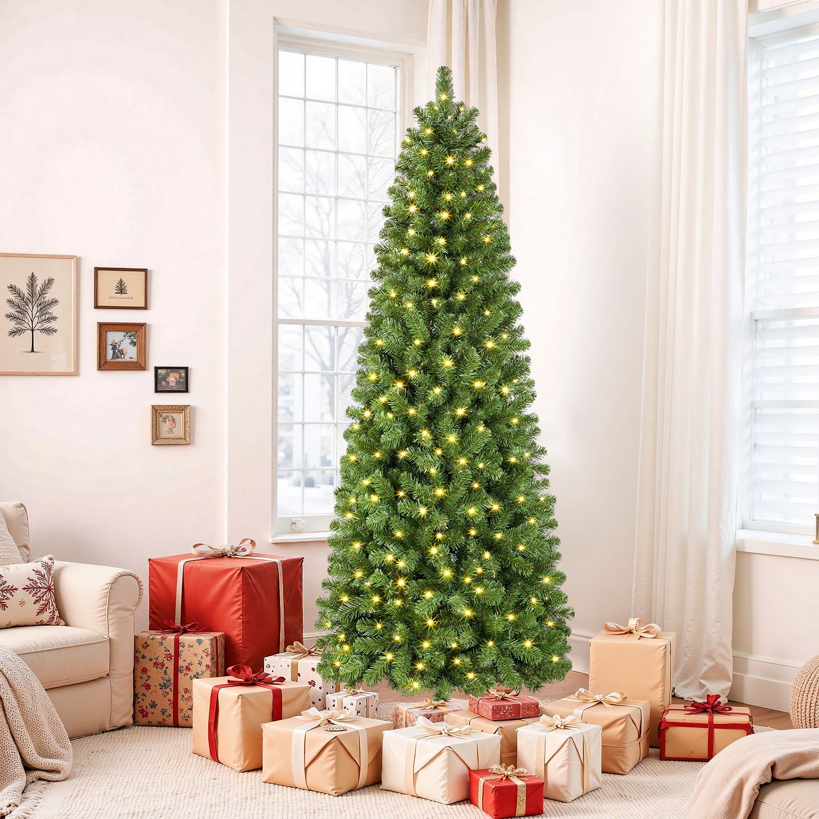 6ft Warm White Light Artificial Hinged Slim Pencil Prelit Christmas Tree