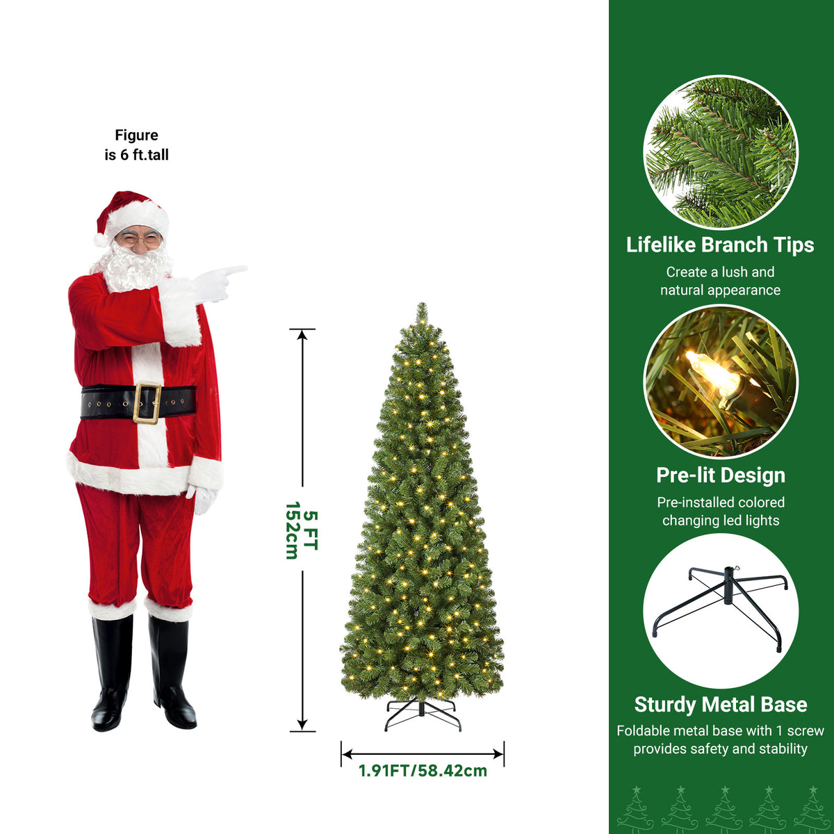 Warm White Lights Classic Spruce Artificial Slim Pencil Christmas Trees