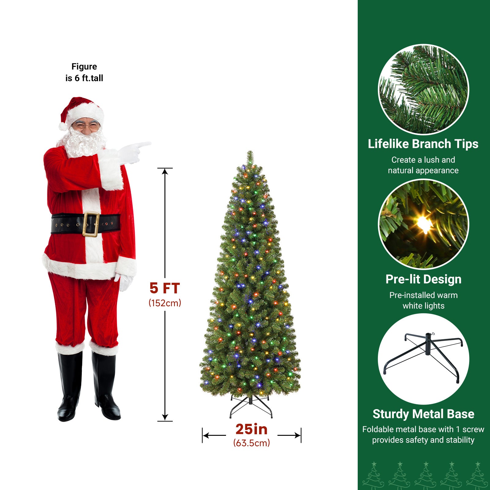 5ft Warm White & Multi-Color Lights Prelit Artificial Slim Pencil Christmas Tree with Remote