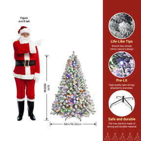 White flocked artificial Christmas tree with multi-color lights, 5 feet tall, by SHareconn, decorated with colorful ornaments.