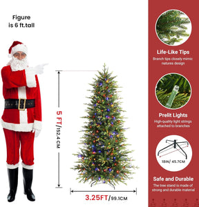 5ft Aspen Slim Noble Fir Christmas tree with colorful multi-color lights, showcasing a slim profile and lush green branches.