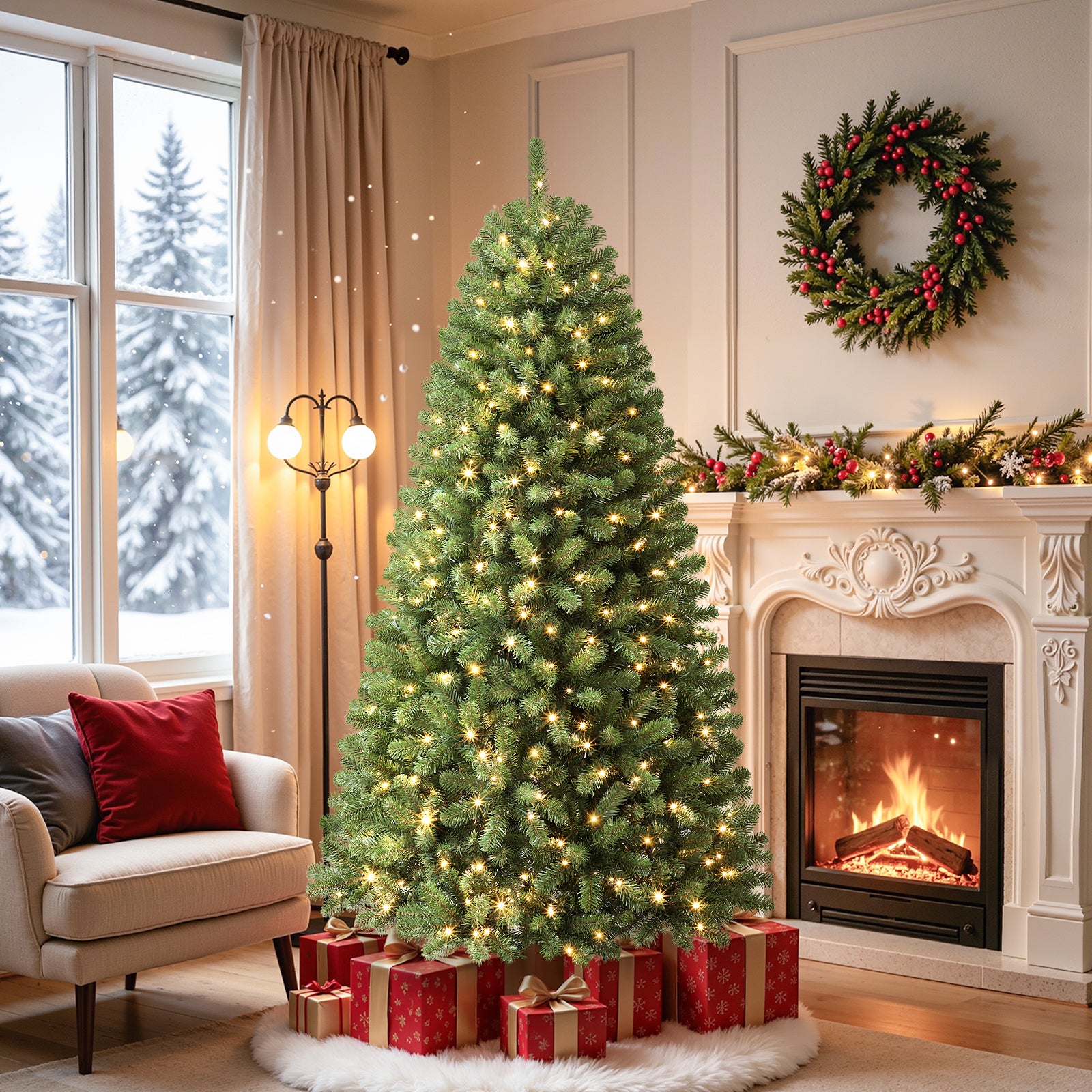 6.5ft Pre-lit Classic Spruce Artificial Christmas Tree with Multi-Color LED Lights