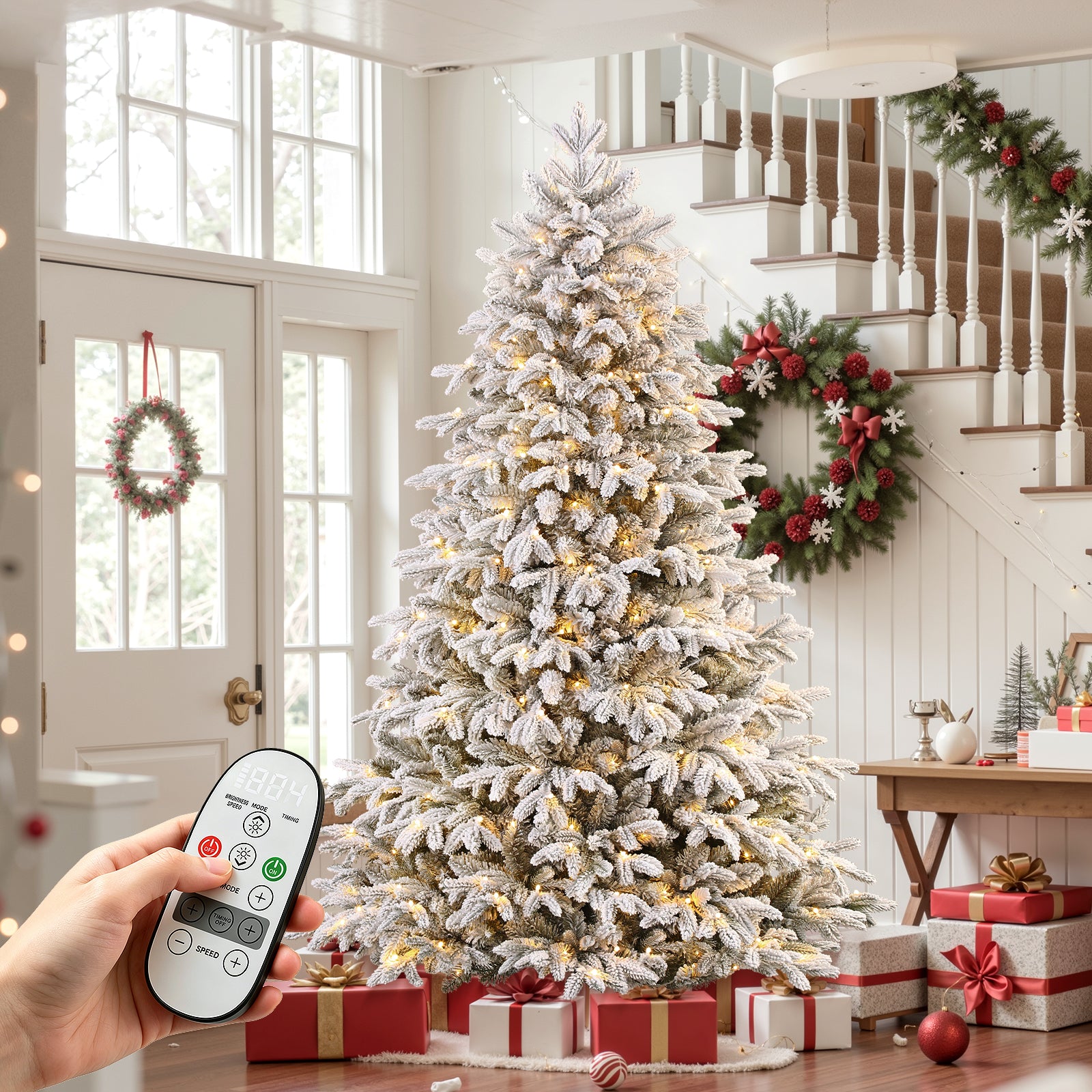 Realistic Pre-Lit Flocked Cedar Artificial Christmas Trees with 17 Modes Multi-Color Lights,5.5-7.5FT