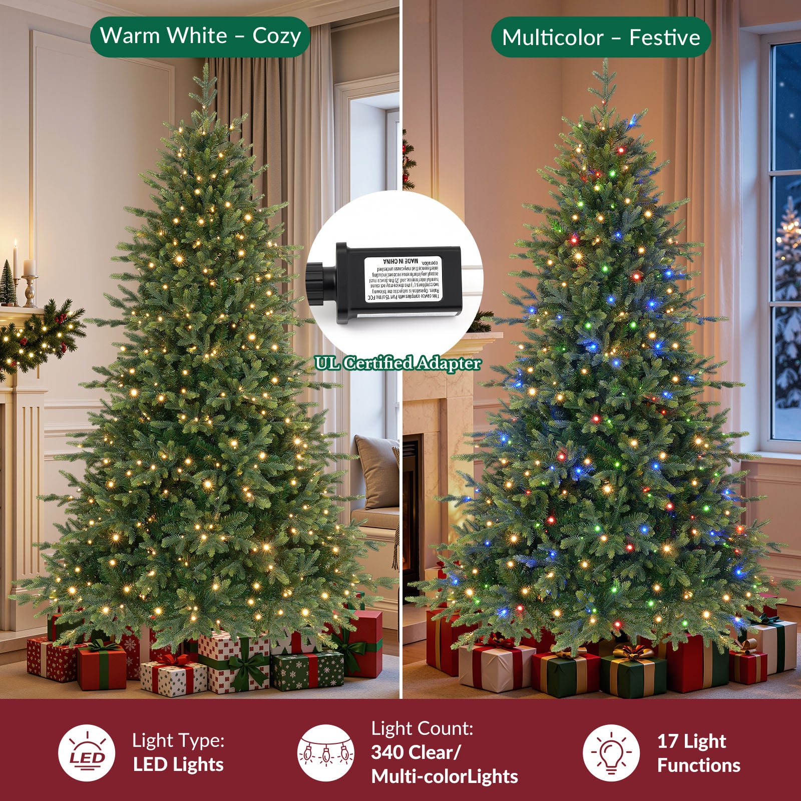 Twinkling Balsam Fir Pre-Lit Artificial Christmas Tree, 1792-5538 Branch Tips & 250-680 LED Lights, 17 Mode with Remote | 5/6/7/7.5/8/9FT
