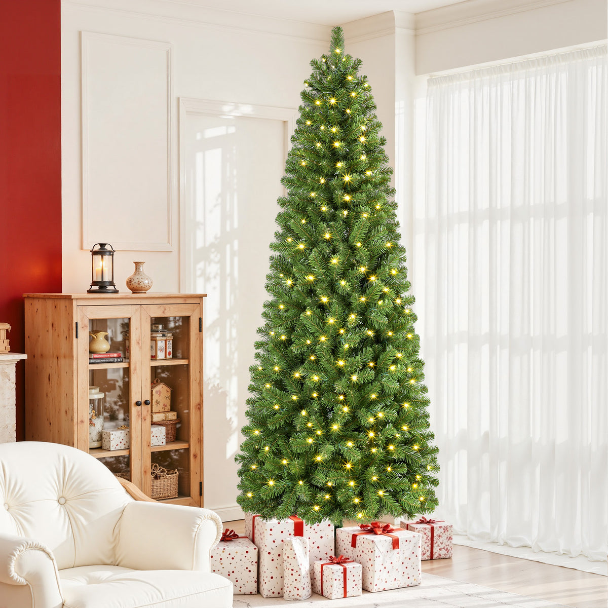 7.5ft Warm White Light Artificial Hinged Slim Pencil Prelit Christmas Tree