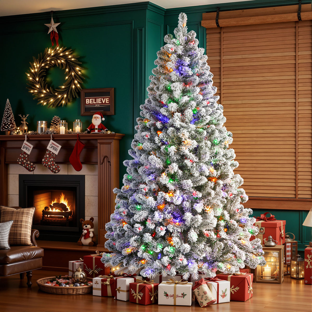 White flocked artificial Christmas tree with multi-color lights, showcasing full branches and festive holiday decoration style.