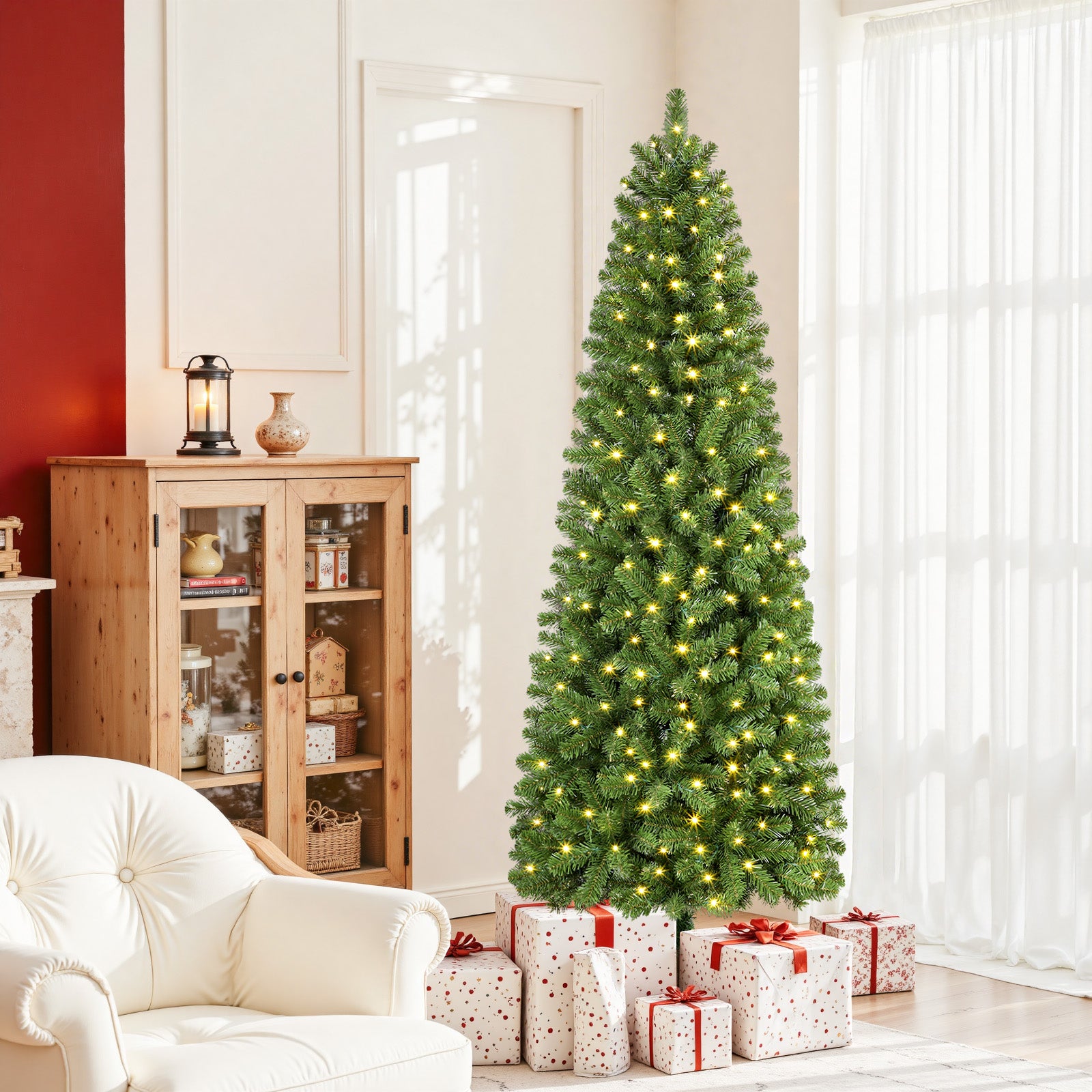 6ft Warm White Light Artificial Hinged Slim Pencil Prelit Christmas Tree