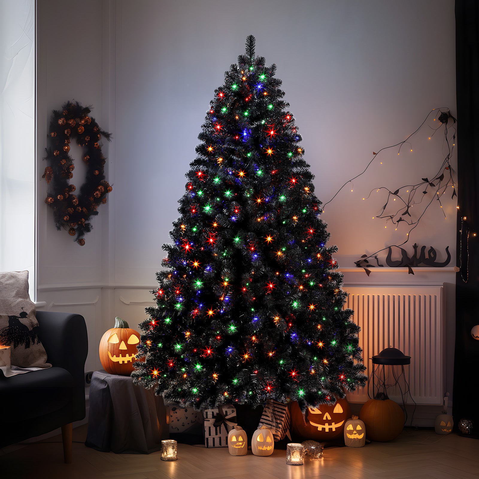 6ft Prelit Artificial Black Christmas Tree with 330 LED Color-Changing Lights and Remote