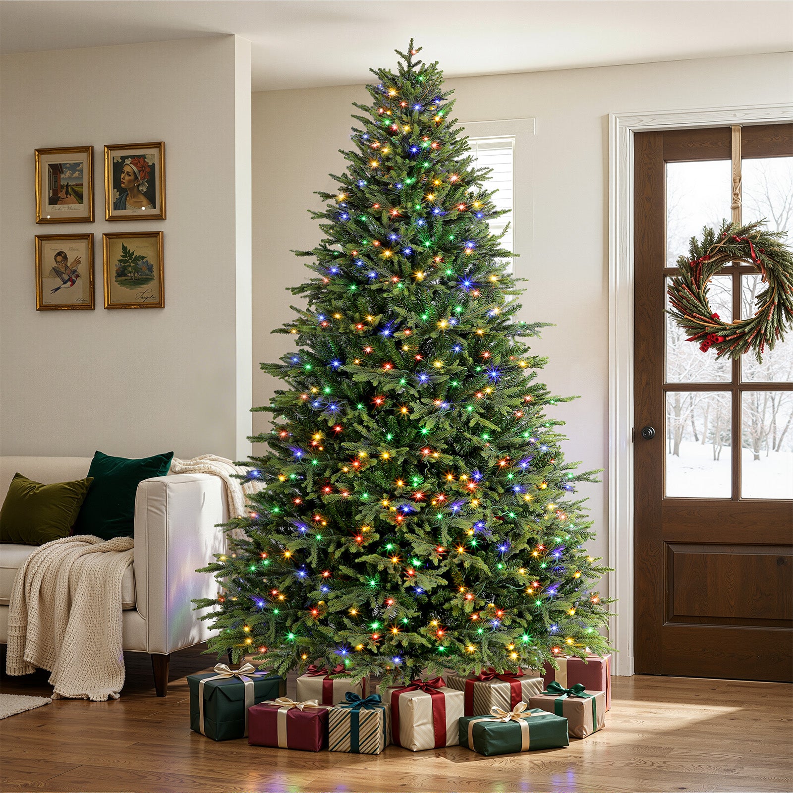 Artificial Christmas tree by SHareconn, 7.5FT Balsam Fir with lifelike PE needles and dual color lights, realistic holiday décor.