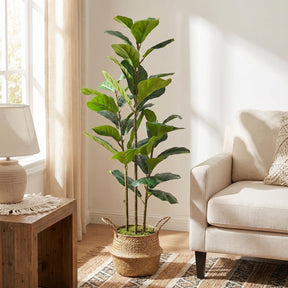 Artificial Fiddle Leaf Fig Tree by SHareconn in a white pot, realistic faux plant available in 4ft, 5ft, and 6ft heights.