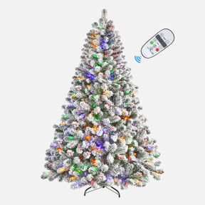 White flocked artificial Christmas tree with multi-color lights from SHareconn, decorated with ornaments and pinecones.