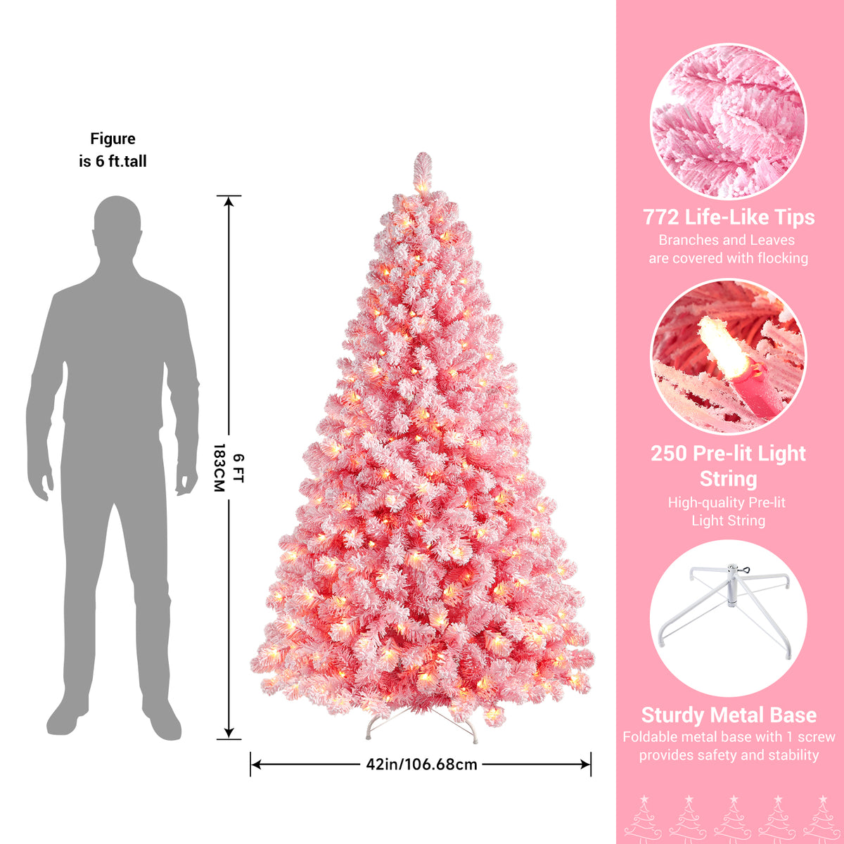 6ft Prelit 250 Warm White Lights Pink Flocked Spruce Artificial Christmas Trees