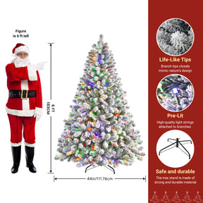 6-foot white flocked artificial Christmas tree with multi-color lights, featuring dense branches and festive holiday decoration.