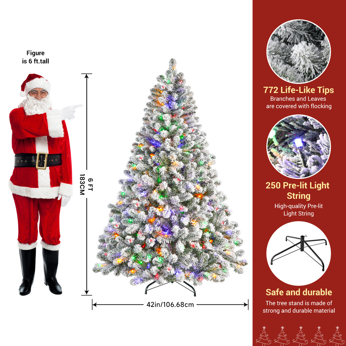 6ft White Flocked Spruce Artificial Christmas Trees with Multi-Color Lights