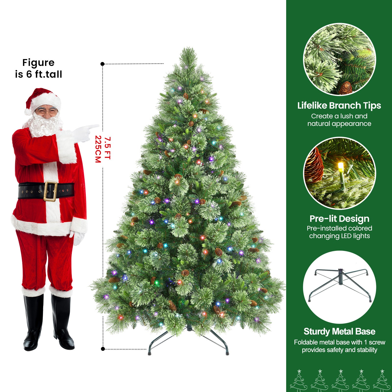 7.5ft Prelit RGB Lights Carolina Pine Artificial Christmas Pine Trees with Remote