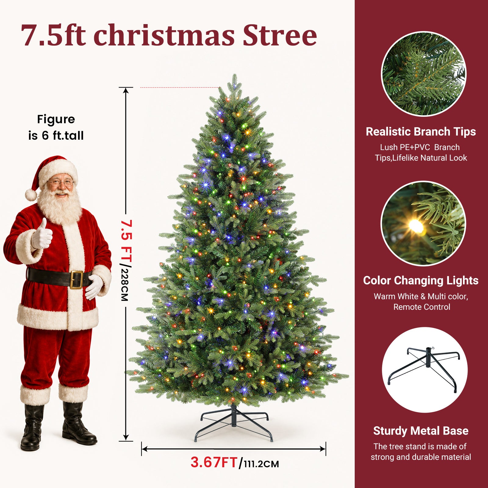 Fraser Fir Artificial Christmas Tree with Multi-Color Lights, 5/6/7/7.5/8/9FT