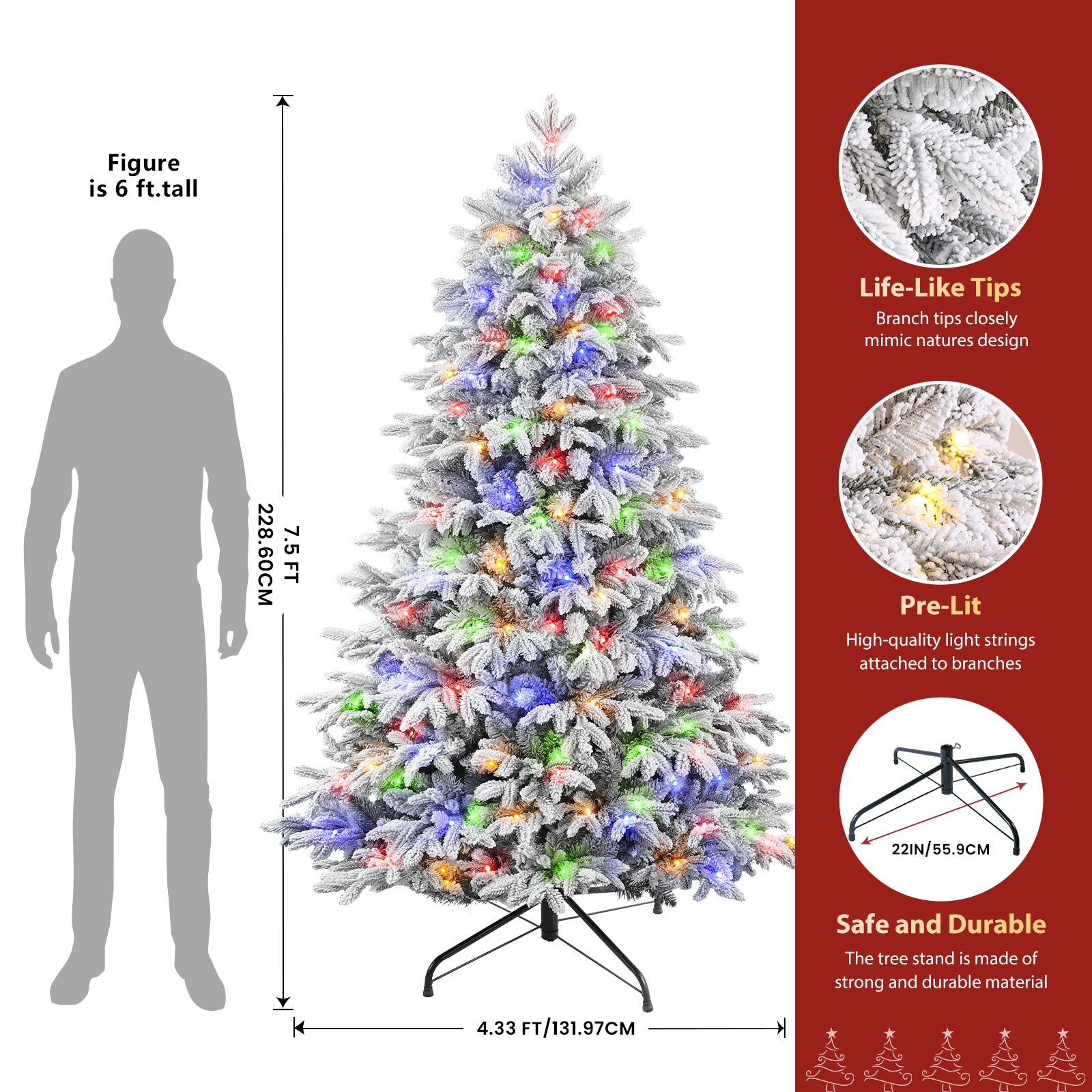 7.5FT Realistic Pre-Lit Flocked Cedar Artificial Christmas Trees with 17 Modes Multi-Color Lights