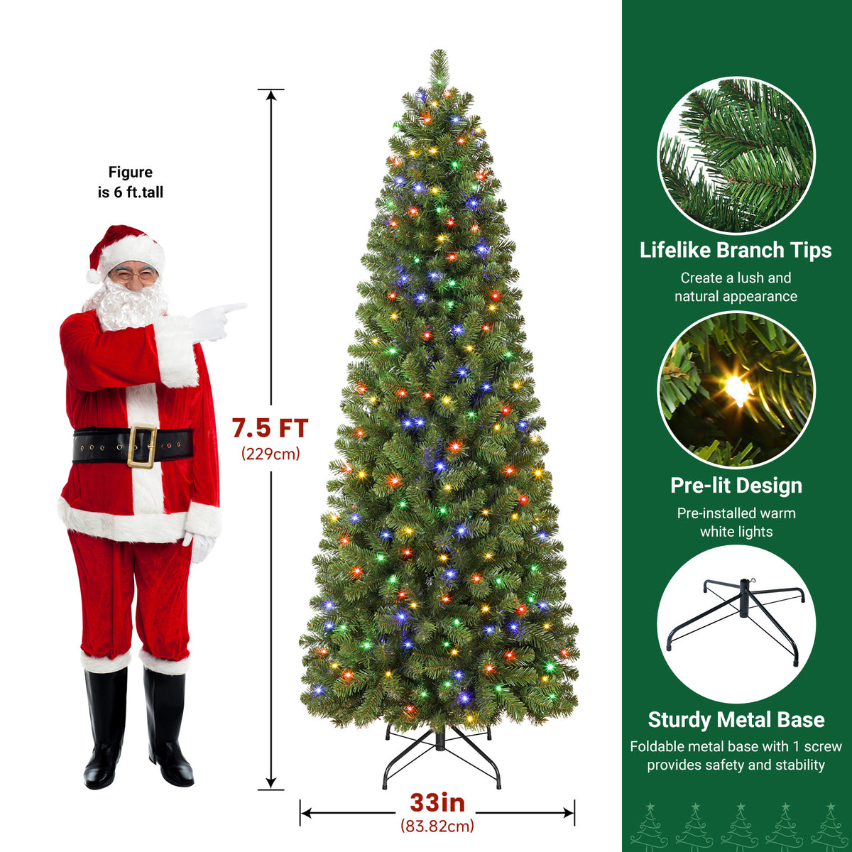 Pencil Spruce Artificial Christmas Tree with Multi-Color LED Lights and Remote