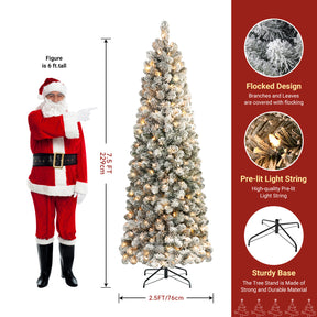 7.5ft SHareconn flocked spruce artificial Christmas tree with warm white lights, displayed with snow-flocked branches, in a natural setting.