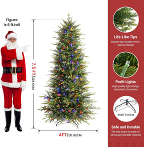 7.5ft Aspen Slim Noble Fir Christmas Tree with multi-color lights, decorated with vibrant ornaments and festive greenery.