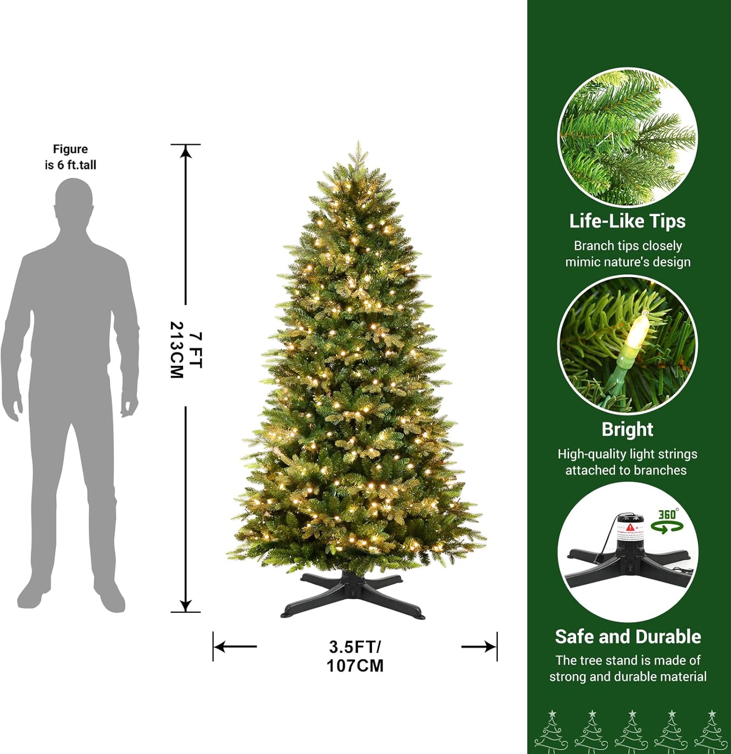 Prelit Realistic Lush Fraser Fir Artificial Christmas Tree with Twinkle Warm White Light and 360° Rotating Stand