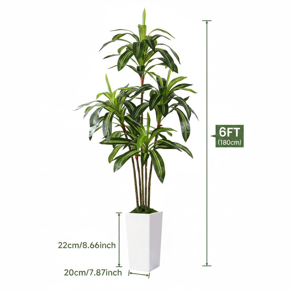 Artificial Dracaena Tree in white planter, 4, 5, or 6 feet tall, faux indoor plant by SHareconn with lush green leaves.