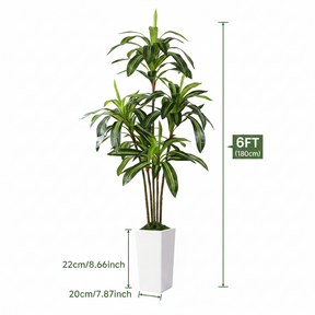 Artificial Dracaena Tree in white planter, 4, 5, or 6 feet tall, faux indoor plant by SHareconn with lush green leaves.