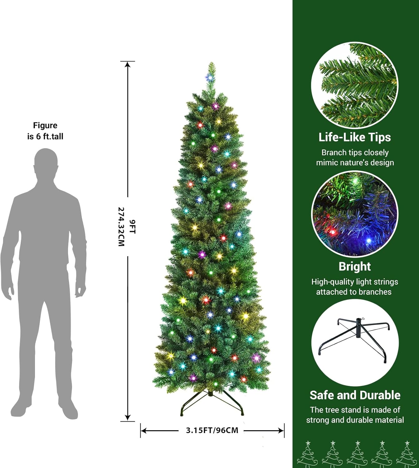 Pre-lit Classic Spruce Artificial Slim Pencil Christmas Trees with RGB Lights Remote