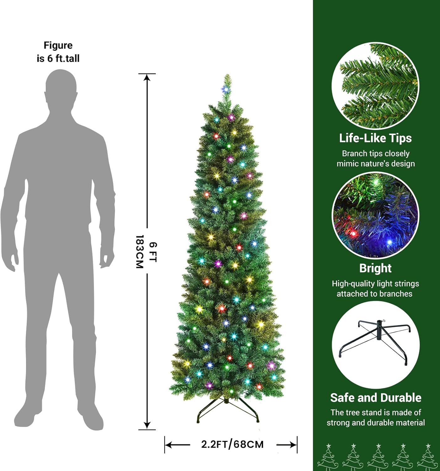 Pre-lit Classic Spruce Artificial Slim Pencil Christmas Trees with RGB Lights Remote