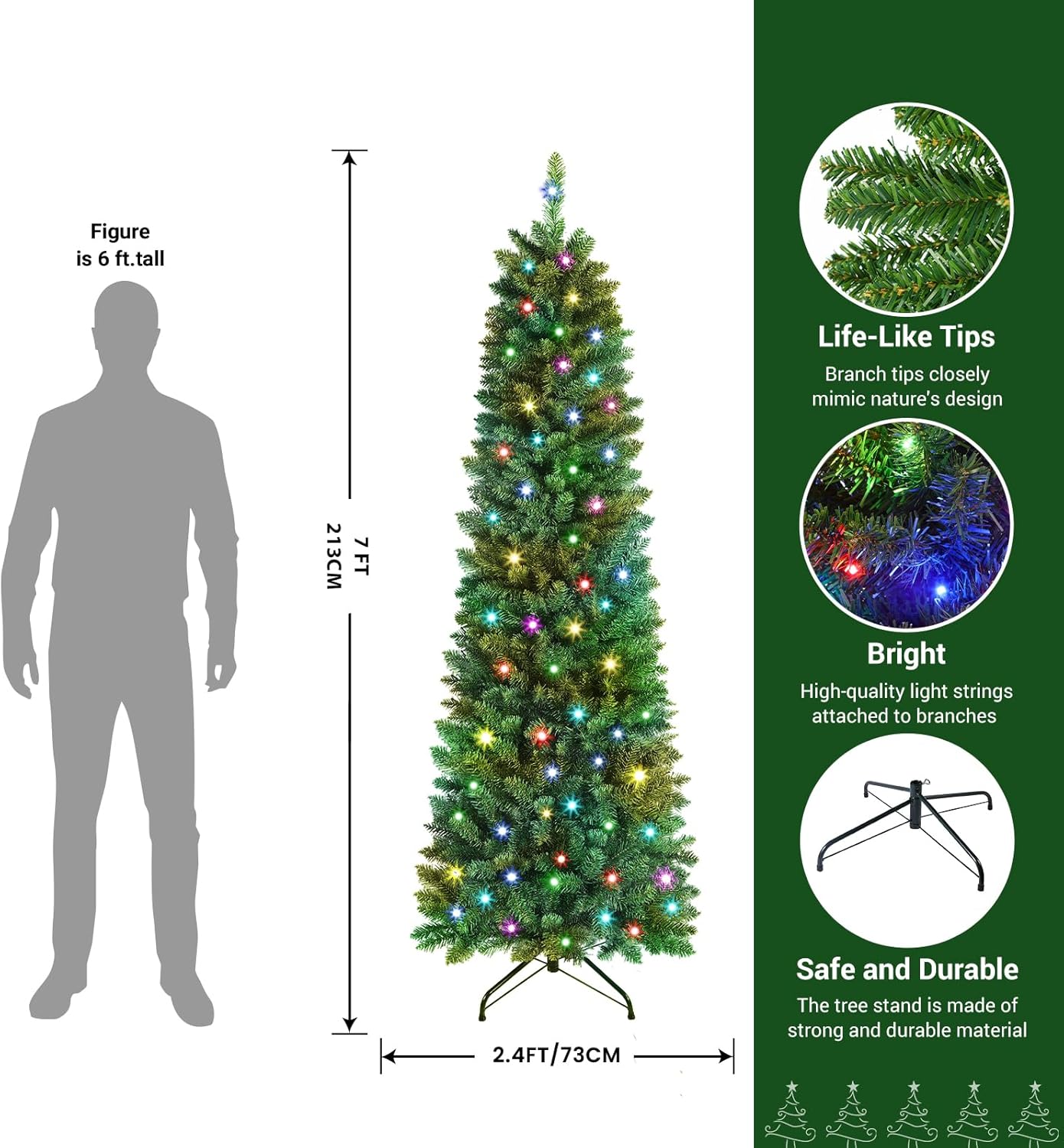Pre-lit Classic Spruce Artificial Slim Pencil Christmas Trees with RGB Lights Remote