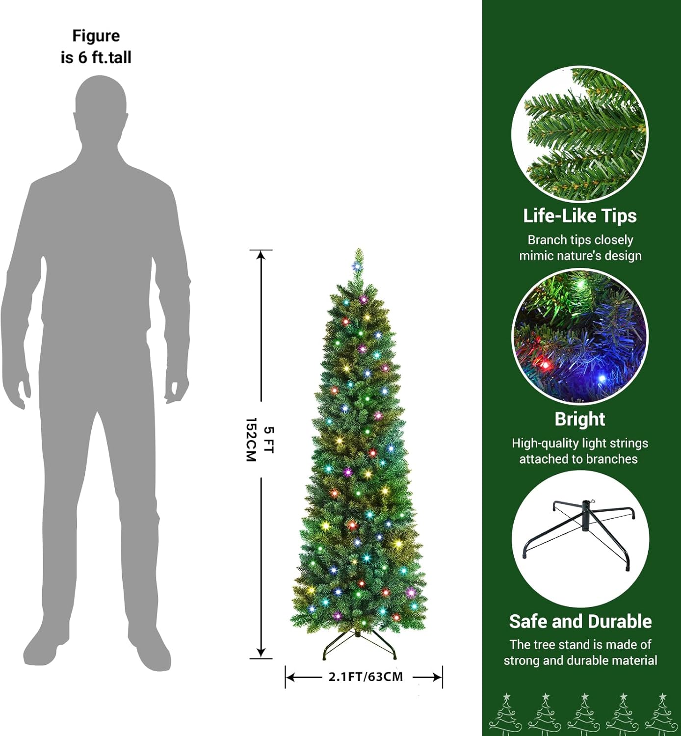 Pre-lit Classic Spruce Artificial Slim Pencil Christmas Trees with RGB Lights Remote