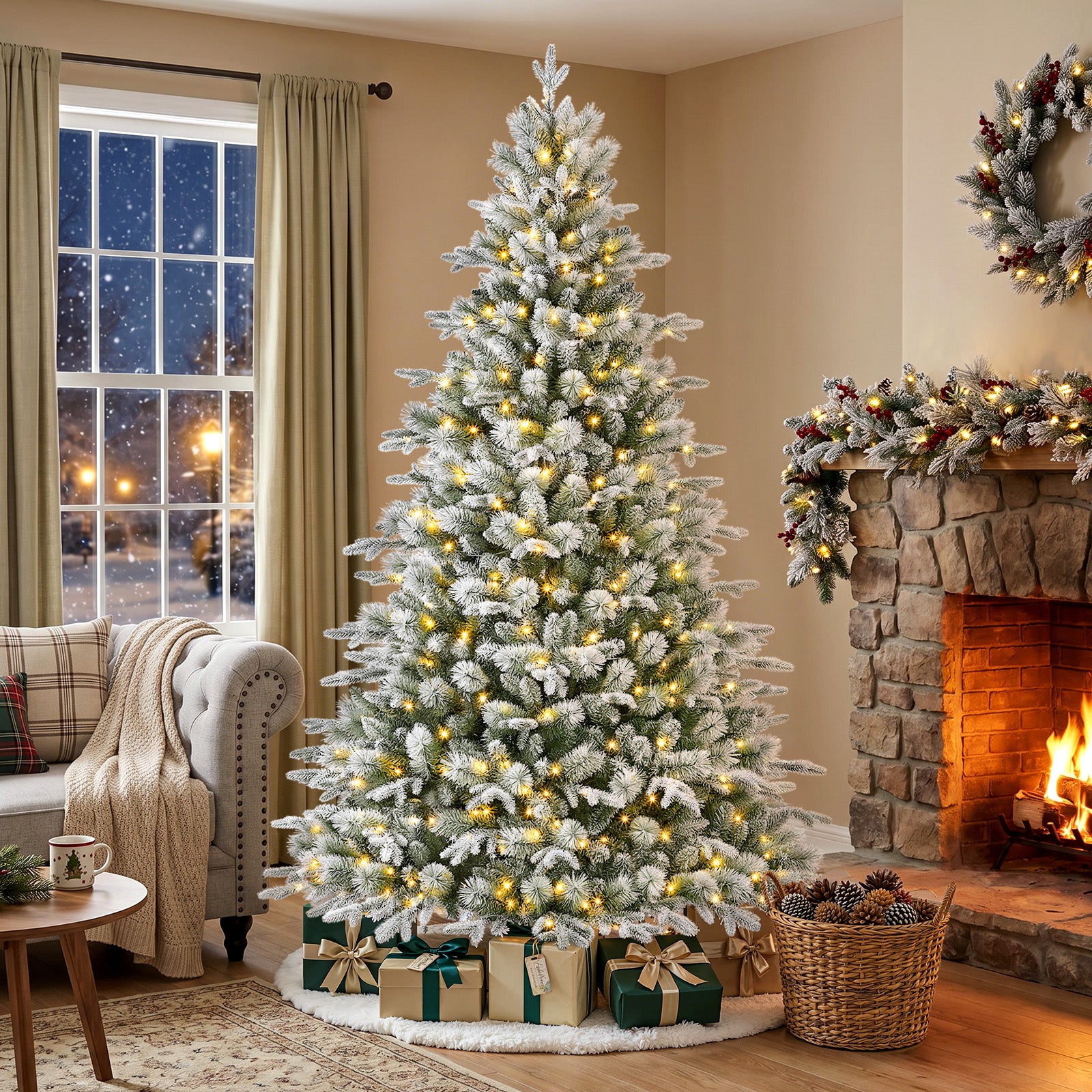 7.5ft Premium Flocked Princess Pine Christmas Tree - 500 Pre-Lit Clear Twinkle Lights & 3338 Lifelike Tips