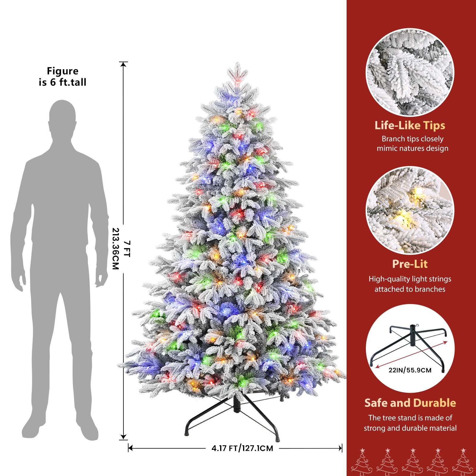 7FT Realistic Pre-Lit Flocked Cedar Artificial Christmas Trees with 17 Modes Multi-Color Lights