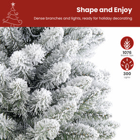 7-foot SHareconn artificial Christmas tree with white flocked branches and warm white lights, decorated for holiday cheer