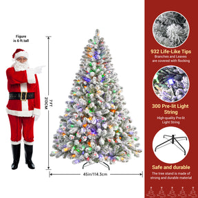 7ft white flocked artificial Christmas tree with multi-color lights by SHareconn, decorated with pine branches.