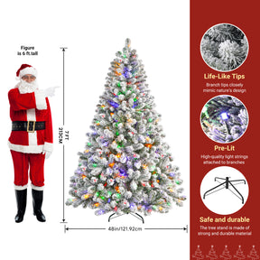 7ft white flocked artificial Christmas tree with multi-color lights, shiny branches, and festive holiday decor by Shareconn.