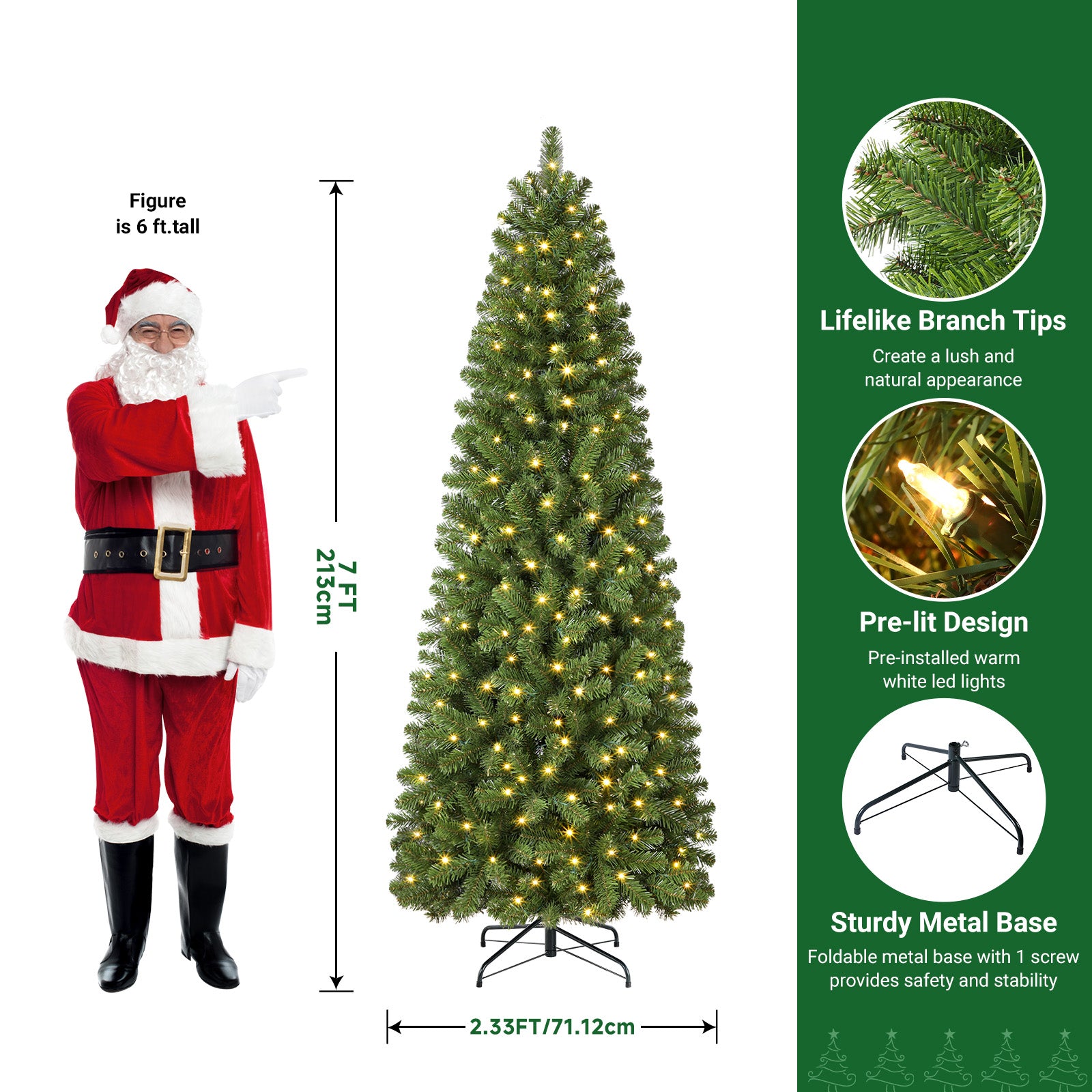 7ft Warm White Lights Classic Spruce Artificial Slim Pencil Christmas Trees