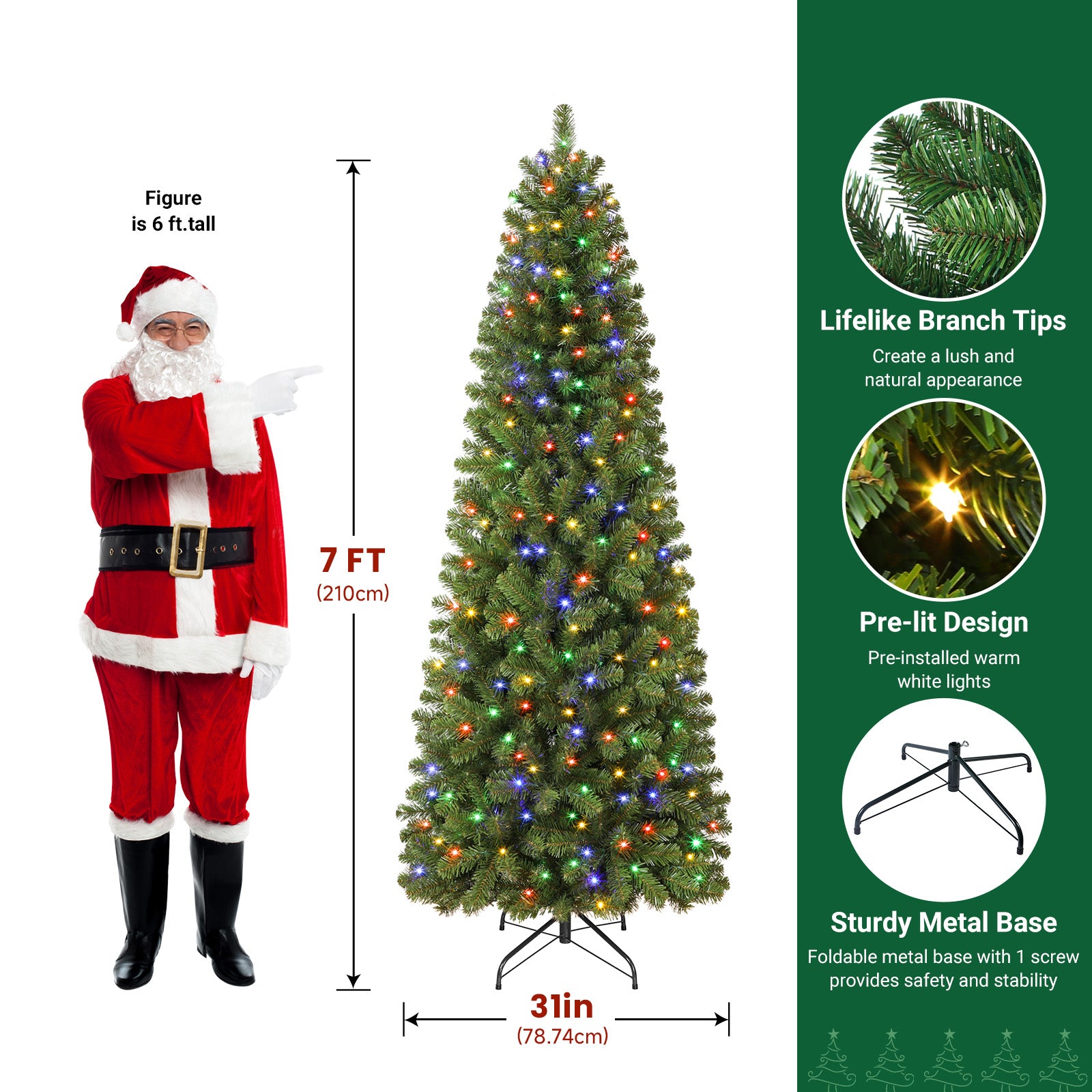 Pencil Spruce Artificial Christmas Tree with Multi-Color LED Lights and Remote