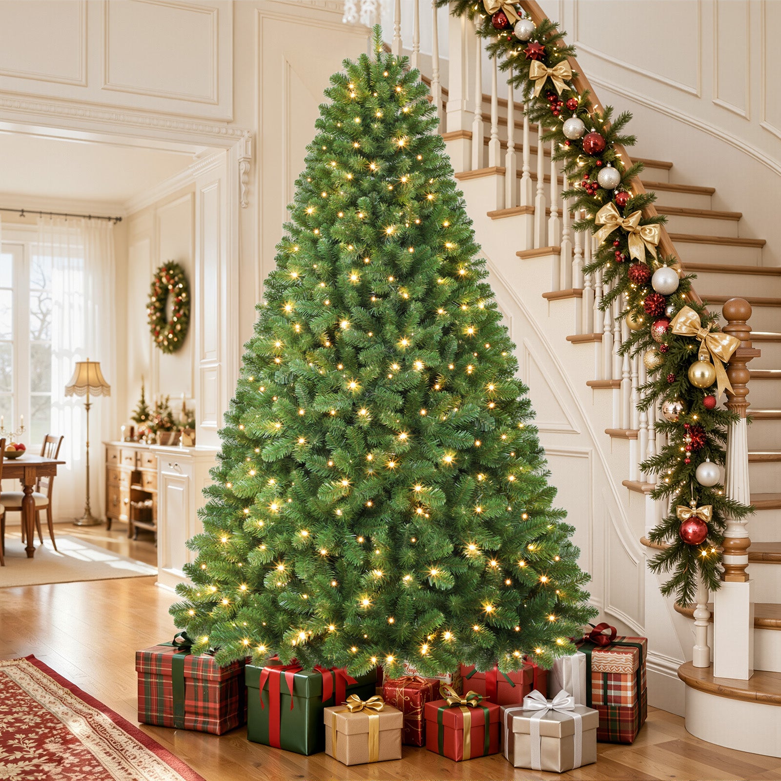 Classic Spruce Artificial Christmas Trees with Warm White Lights,4.5/5.5/6.5/7/7.5/8/9/10FT